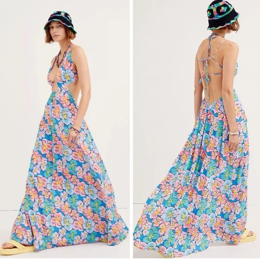 For Love & Lemons Yasmin Open Back Floral Cut Out Plunge Maxi Dress XL - Picture 9 of 11